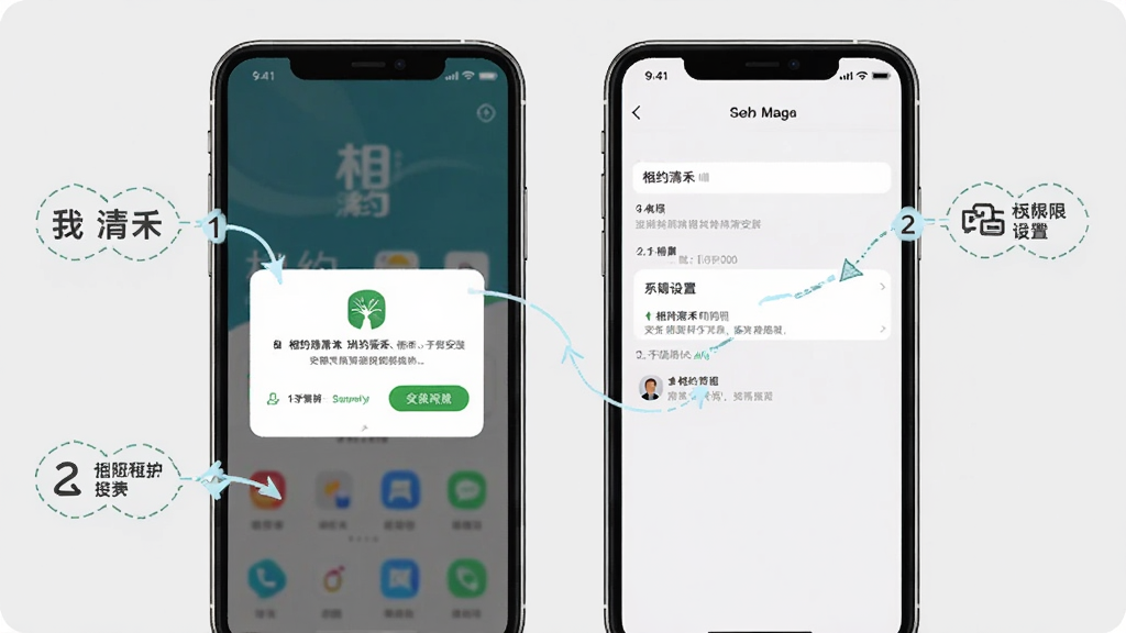 一张展示“相约清禾”app安装和权限设置步骤的图解,主体为手机屏幕上的权限弹窗和设置界面,背景为简洁的浅灰色,布局步骤清晰,风格教学化,细节标注明确,画质干净,无多余元素。