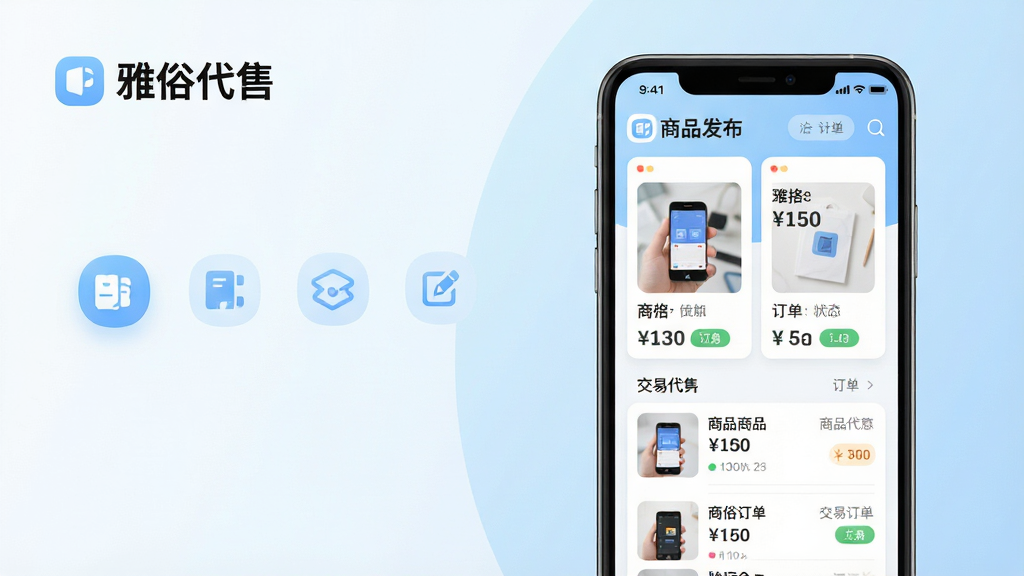 主体:雅俗代售软件界面展示,一部智能手机屏幕显示商品发布页面与交易列表。布局:手机居中偏右,左侧留白,界面清晰展示“雅俗代售”LOGO与功能图标。排版:简洁现代,卡片式布局,商品图片与价格标签醒目。风格:清新商务,浅蓝色主调,圆润图标。细节:屏幕内商品图、价格、订单状态等元素清晰可辨,背景柔和渐变。画质:高清渲染,干净,无多余元素。
