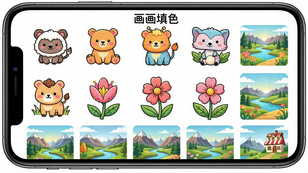 一幅展示画画填色画稿库界面的图片,手机屏幕上排列着各种类别的填色画稿缩略图,有可爱的动物、美丽的花朵、壮观的风景等,界面采用网格布局,色彩鲜艳,风格清新,细节精致,画质高清干净,无多余元素,图中出现“画画填色”字样
