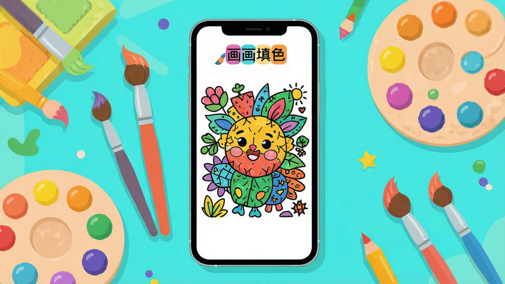 一幅展示画画填色应用主界面的宣传图,画面中央是一台智能手机,屏幕中显示着一幅色彩斑斓的填色作品,周围环绕着画笔、调色盘等绘画元素,整体风格明亮活泼,布局以手机为主体居中,排版简洁大方,采用扁平化插画风格,细节丰富,画质高清干净,无多余元素,图片中文字标注为“画画填色”