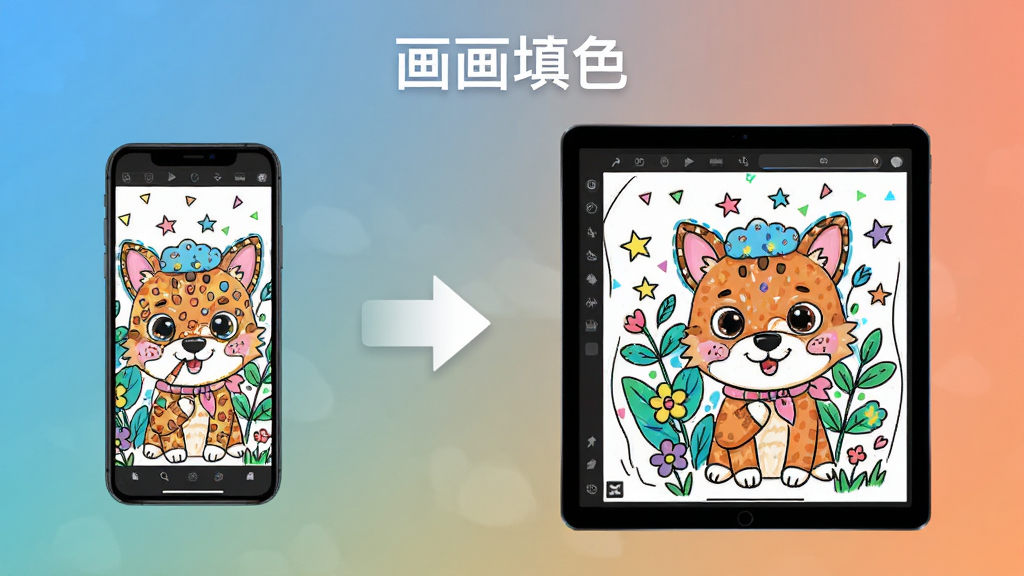 一张展示画画填色在手机和平板上使用的场景图,左边是手机端填色画面,右边是平板端填色画面,中间有箭头指示,背景为渐变色,整体风格简约,布局清晰,细节丰富,画质干净,图上标注“画画填色”