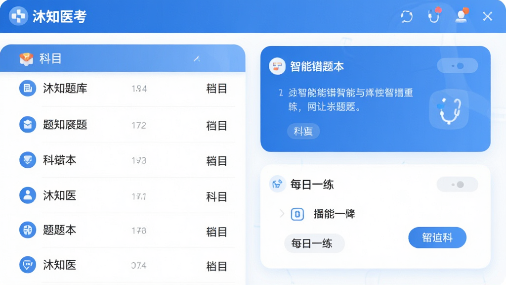 沐知医考软件主界面预览图,左侧为清晰的题库列表与科目分类,右侧展示智能错题本与每日一练卡片,整体采用蓝白医疗风格配色,界面简洁干净,布局规整,图标圆润,画质高清,无多余元素