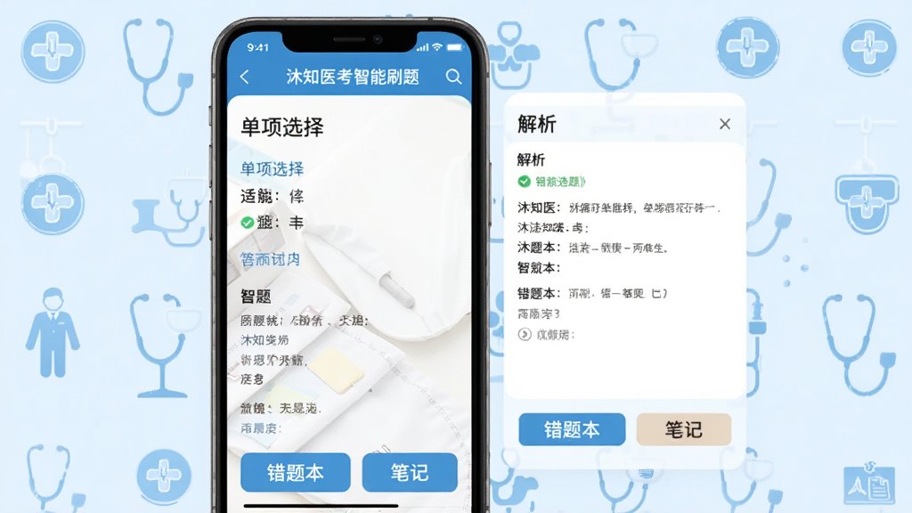 沐知医考智能刷题界面,手机屏幕展示单项选择题与答题卡,右侧弹出解析窗口,下方有错题本与笔记按钮,背景为浅蓝色医学图标装饰,排版清晰,风格现代,画质干净,无多余元素