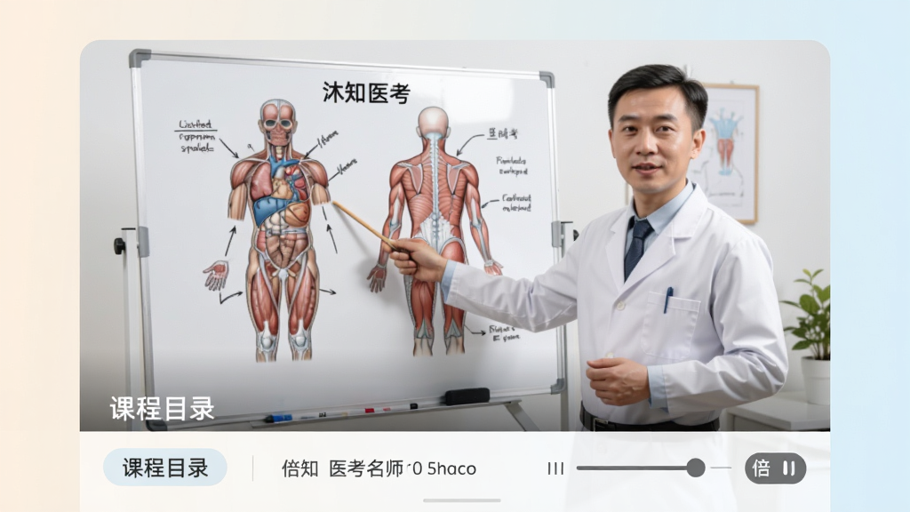 沐知医考名师视频课页面,屏幕中播放医学课程录像,老师正在白板前讲解解剖图,下方有课程目录与倍速播放选项,整体色调柔和明亮,画面清晰,布局合理,画质干净,无多余元素