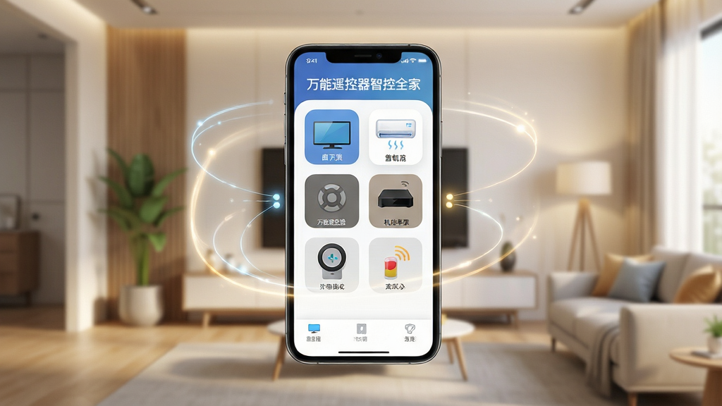 主体:一款名为“万能遥控器智控全家”的智能手机应用界面悬浮于现代简约客厅背景之上;布局:手机屏幕为视觉中心,界面清晰展示电视、空调、机顶盒等设备图标,四周辅以柔和的光效与连接线条;排版:居中构图,手机界面细节精致,背景虚化得当;风格:科技感与生活气息融合,色调明亮温暖,突显智能与便捷;细节:屏幕内需出现应用名称“万能遥控器智控全家”,界面图标排列有序,模拟正在控制家电的场景;画质:超高清渲染,画面干净无多余元素,光影过渡自然。