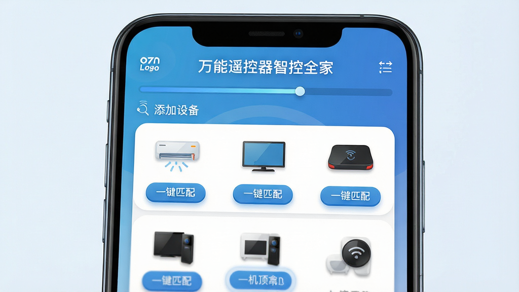 主体:手机屏幕特写,显示“万能遥控器智控全家”的“添加设备”界面;布局:屏幕内以列表形式罗列了空调、电视、机顶盒等常见家电品类,每个图标下方有“一键匹配”按钮,背景为淡雅的科技蓝渐变;排版:界面UI设计简洁,重点突出品牌LOGO与设备分类;风格:扁平化设计结合轻微拟物阴影,整体风格干净明快;细节:屏幕上方需有“万能遥控器智控全家”字样,并模拟出正在搜索设备时的动态进度条;画质:高分辨率,细节纹理清晰,无多余元素干扰。