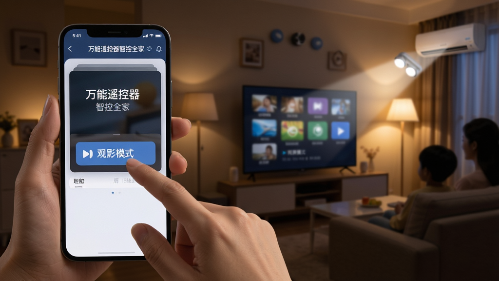 主体:一位用户手持手机,轻触“万能遥控器智控全家”APP中的“观影模式”按钮;布局:画面左侧为手机界面特写,右侧为客厅中的智能电视、灯光、空调同步响应动态效果,形成联动画面;排版:前景与背景虚实结合,突出操作与反馈的即时性;风格:温馨的家庭夜晚场景,光线柔和偏暖色调;细节:手机屏幕需清晰显示“万能遥控器智控全家”及“观影模式”字样,周围环境模拟灯光变暗、电视亮起的瞬间;画质:细腻写实,画质干净,无多余杂物。