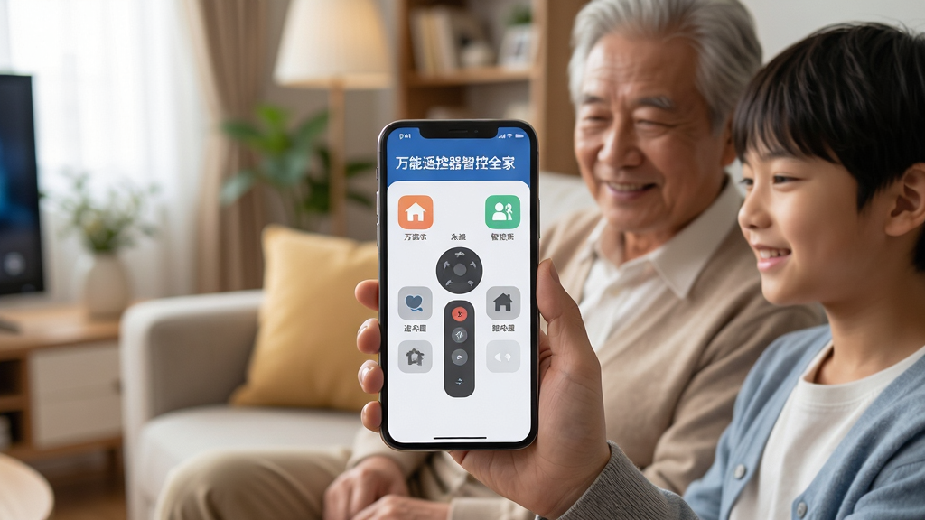 主体:老人与年轻人并肩坐在沙发上,共同使用手机上的“万能遥控器智控全家”应用;布局:镜头聚焦于手机屏幕,屏幕内显示简洁的大图标遥控面板,背景是温馨的客厅环境;排版:人物位于画面一侧,手机屏幕占据中心视觉焦点;风格:生活化摄影风格,画面真实自然,色彩柔和明亮;细节:手机屏幕上方显示“万能遥控器智控全家”名称,界面按钮清晰可见,人物面部带有轻松的微笑;画质:高清画质,背景虚化得当,画面干净无多余元素。