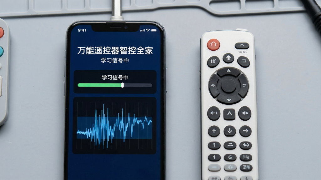 主体:一部智能手机竖屏显示“万能遥控器智控全家”的界面,旁边放置一个原装空调遥控器;布局:手机界面显示自定义学习遥控信号的进度条,背景为浅灰色工作台;排版:平视视角,手机与遥控器并排,突出操作关联性;风格:实用主义简约风格,光线充足均匀;细节:手机屏幕需显示“万能遥控器智控全家”名称及“学习信号中”字样,信号波形图动态展示;画质:超清画质,画面干净整洁,无多余元素。
