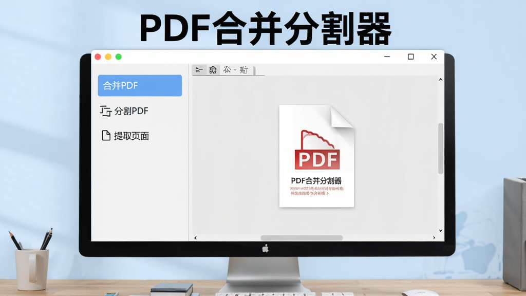 图片展示PDF合并分割器在电脑桌面上的主界面,界面布局清晰,左侧功能列表包括“合并PDF”、“分割PDF”、“提取页面”等选项,右侧为文件预览区域,整体风格简洁现代,背景为淡蓝色,软件名称“PDF合并分割器”以醒目的标题显示在窗口顶部,画质高清,细节丰富,无多余元素。