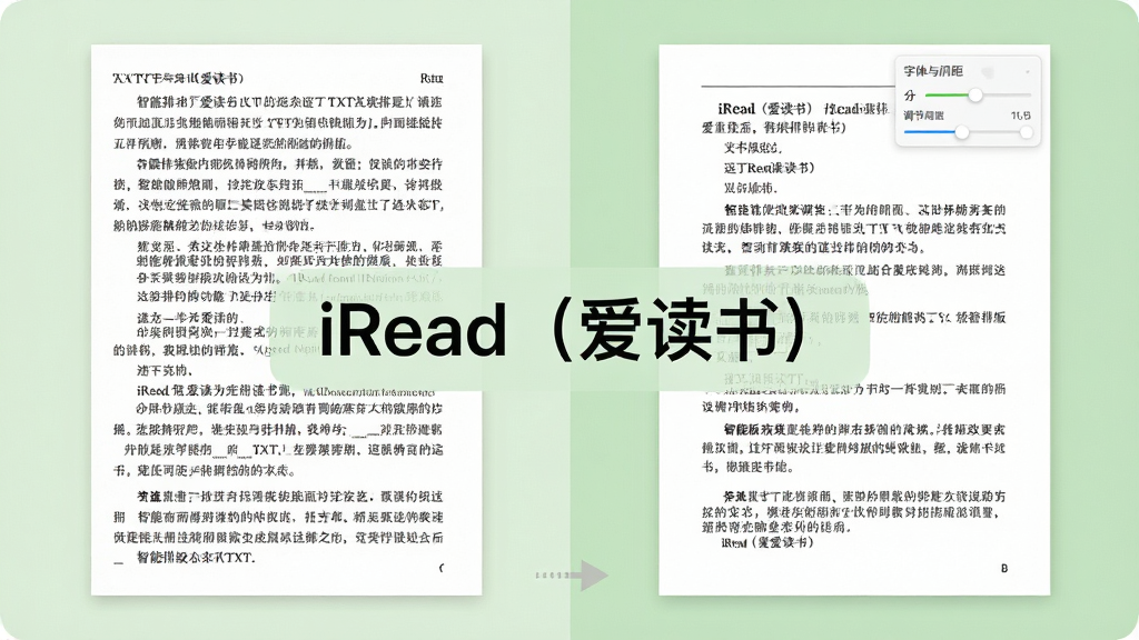 一张iRead(爱读书)智能排版功能的对比示意图,左侧是原始排版杂乱的TXT文本,右侧是经过iRead重排后的整洁页面,文字整齐、段落分明,页面右上角显示字体与间距调节滑块,背景为浅绿色,画质干净,无多余元素,图片中央带有“iRead(爱读书)”字样。
