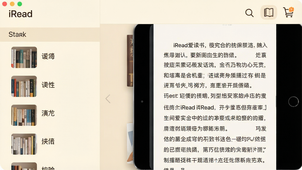 一张展示iRead(爱读书)软件主界面的高清预览图,界面采用米白色护眼底色,左侧是书架列表,右侧为正在阅读的电子书页面,文字清晰、行距舒适,顶部有搜索与书城图标,整体风格简约温暖,画质干净,无多余元素。