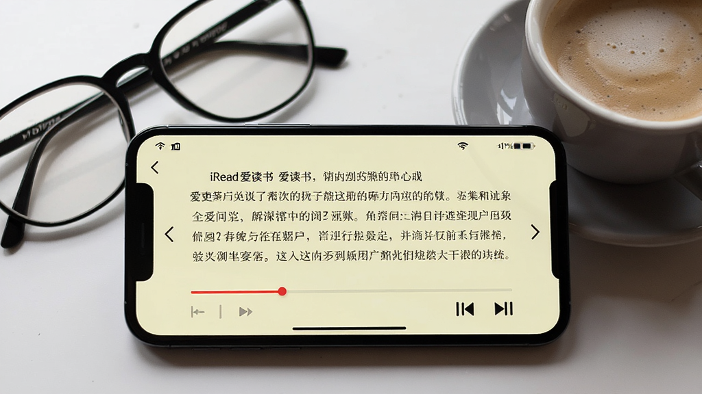 一张iRead(爱读书)在手机上运行的实拍图,手机横屏显示阅读界面,页面背景为淡黄色,文字大小适中,屏幕下方有进度条与控制按钮,手机旁边放着一副眼镜和一杯咖啡,整体风格生活化,画质清晰,无多余元素。