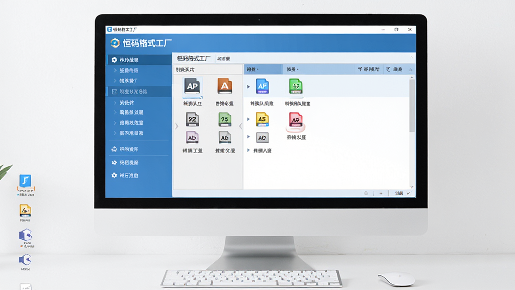 主体为简洁现代的电脑桌面场景,屏幕中显示