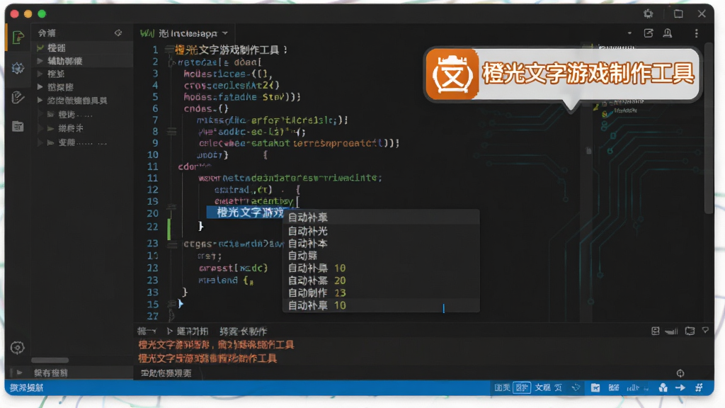 主体:电脑代码编辑器界面中显示橙光文字游戏制作工具的脚本辅助功能,带有自动补全下拉框;布局:代码区域居中,下方有错误提示条;排版:代码行高亮不同颜色,下拉框位于光标附近;风格:深色主题代码编辑器,科技感十足;细节:屏幕上代码旁有“橙光文字游戏制作工具”的悬浮LOGO;画质:清晰锐利,干净无多余元素。
