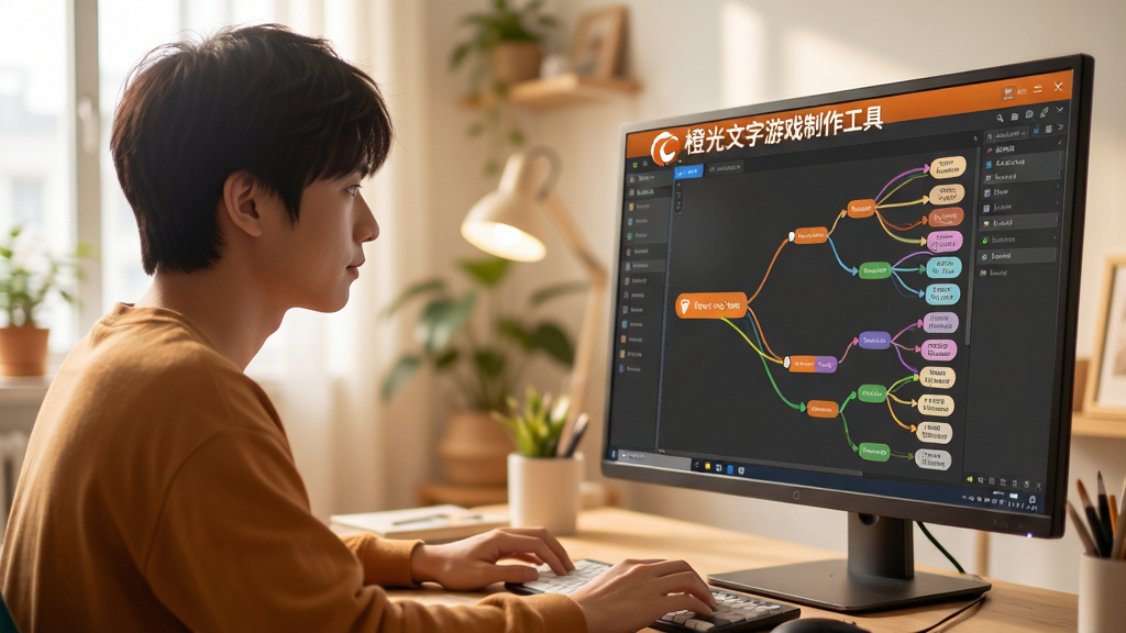 主体:一个创作者正在电脑前使用橙光文字游戏制作工具拖拽剧情节点,屏幕上显示分支树状图;布局:人物位于画面左侧三分之二处,电脑屏幕朝向右前方,便于展示编辑界面;排版:画面重点突出节点之间的连线与逻辑关系;风格:明亮温馨的工作室场景,带有人文气息;细节:电脑屏幕上隐约可见“橙光文字游戏制作工具”的LOGO和彩色节点连线;画质:高清摄影质感,干净无多余元素。