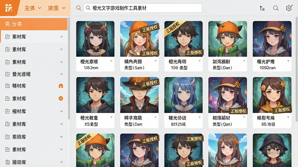 主体:橙光文字游戏制作工具的素材库界面展示,左侧为分类列表,右侧为网格状素材缩略图;布局:界面占据整个画面,素材卡片均匀排列;排版:分类清晰,每张素材下方标注名称与类型;风格:简洁的扁平化设计,背景采用淡灰色,突出素材色彩;细节:部分素材上标有“正版授权”字样,顶部搜索框内显示“橙光文字游戏制作工具素材”;画质:高分辨率,干净无多余元素。