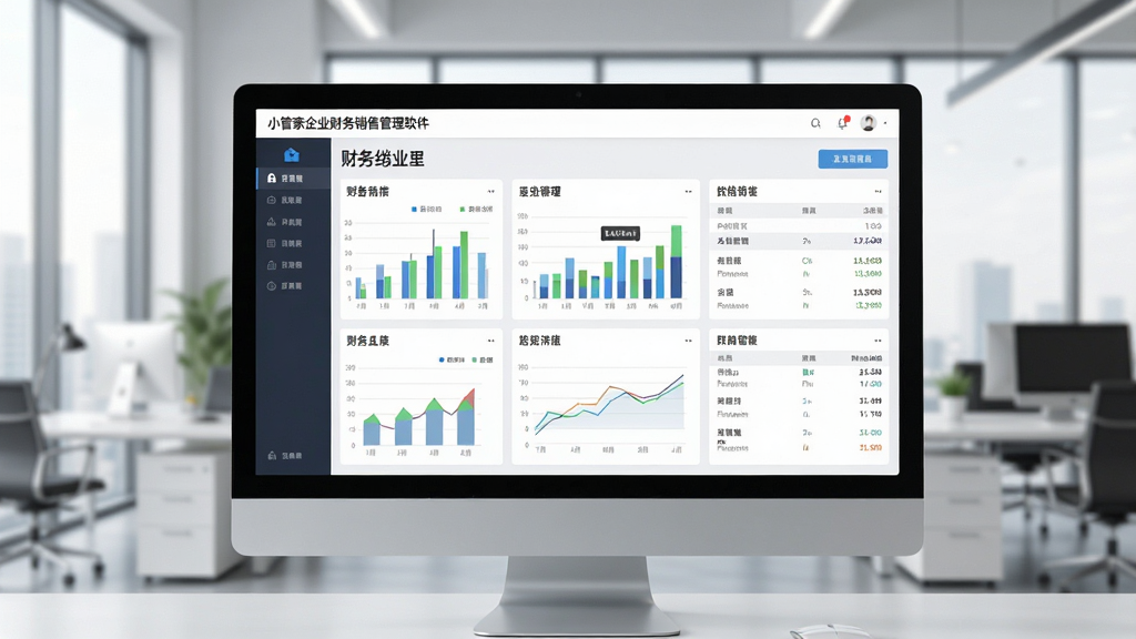 小管家企业财务销售管理软件主界面展示,电脑屏幕显示简洁的财务销售管理仪表盘,包含图表与数据列表,背景为现代办公室环境,整体风格商务专业,画面干净清晰,高分辨率渲染,无多余元素