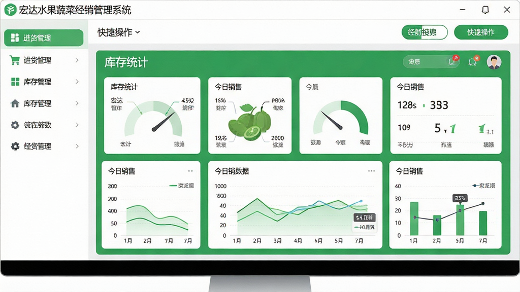 主体:宏达水果蔬菜经销管理系统电脑端主界面截图,画面中央是绿色调的库存统计仪表盘与今日销售数据图表,左侧菜单栏清晰展示进货管理、库存管理等模块;布局:上下结构,上为软件标题栏与快捷操作按钮,下为数据看板;排版:界面信息层级分明,各类卡片模块整齐排布;风格:现代简约的软件UI风格,扁平化图标,整体色调清新明亮;细节:屏幕中可见“宏达水果蔬菜经销管理系统”字样,图表线条清晰,数字显示准确;画质:高清、干净、无多余元素。