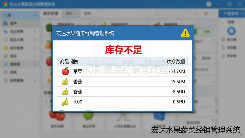 主体:宏达水果蔬菜经销管理系统的库存预警通知弹窗,界面上显示“库存不足”红色警告字体,下方列出苹果、香蕉等商品名称及剩余数量,背景是模糊化的软件主界面;布局:中心构图,弹窗置于画面中央;排版:弹窗边框清晰,文字列表整齐排列;风格:写实软件界面风格,色彩对比鲜明;细节:弹窗右上角有黄色感叹号图标,画面中带有“宏达水果蔬菜经销管理系统”品牌水印;画质:高清、干净、无多余元素。