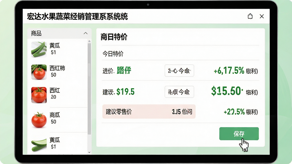 主体:宏达水果蔬菜经销管理系统的商品定价操作面板,屏幕上展示着“今日特价”设置区域,包含黄瓜、西红柿的进价与建议零售价对比条,鼠标指针正点击保存按钮;布局:左右分栏,左侧为商品列表,右侧为价格调整表单;排版:表单项目字段清晰,数字醒目;风格:简洁商务风格,背景为淡绿色渐变;细节:价格数字用大号绿色字体显示,并显示预计毛利百分比;画质:高清、干净、无多余元素。