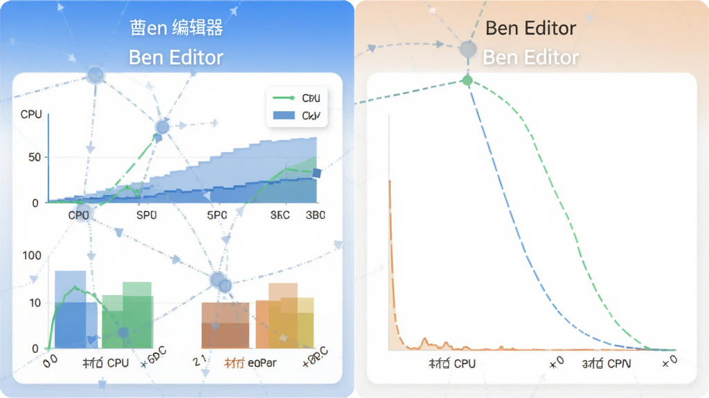 Ben Editor 性能对比图,左半边显示普通编辑器占用CPU和内存较高,右半边显示Ben Editor占用极低,界面清晰标注“Ben Editor”,风格简洁,数据可视化,画质干净