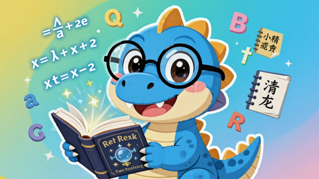 画面主体为“小精龙”卡通吉祥物,一只可爱的蓝色小恐龙,戴着圆框智慧眼镜,手持发光魔法书,身旁漂浮着数学公式、英文字母和语文诗词等元素,整体布局居中,背景为明亮清新的渐变色,排版采用扁平化风格,细节上突出小恐龙活泼友善的表情,画质高清、色彩饱满、干净无多余元素