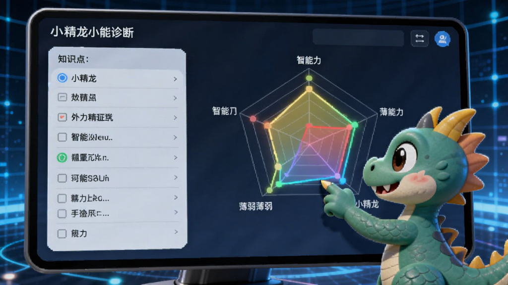 画面主体为“小精龙”AI智能诊断界面,一块大屏幕上显示彩色能力雷达图,小恐龙用爪子指着薄弱项,左侧列出知识点清单,背景为科技感蓝光网格,布局清晰,排版整洁,风格现代简约,细节突出数据可视化和智能感,画质锐利、无多余元素