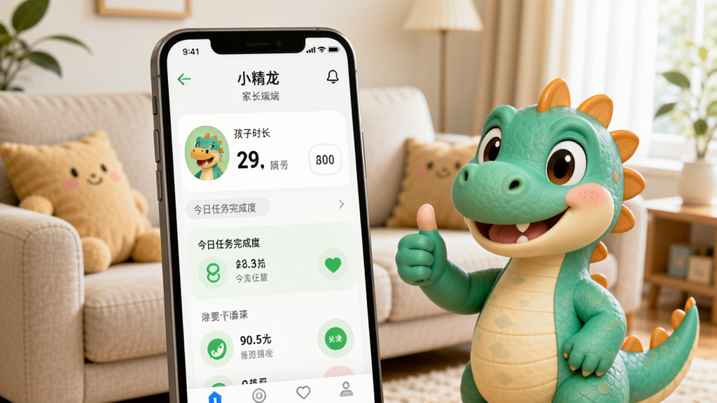 画面主体为“小精龙”家长端手机界面,屏幕显示孩子学习时长、今日任务完成度,旁边小恐龙做出点赞手势,背景是温馨的客厅沙发,布局自然,风格清新明亮,细节突出手机屏幕内容,画质高清晰、无多余元素