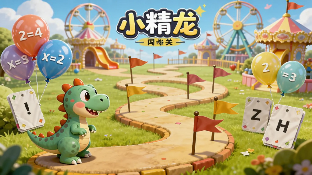 画面主体为“小精龙”趣味闯关地图,小恐龙站在起点,前方是蜿蜒的关卡路径,插着旗帜,两侧有数学题气球和单词卡片,背景是欢乐的游乐园,布局层次分明,配色鲜艳,风格卡通梦幻,细节丰富充满童趣,画质清晰、无多余元素