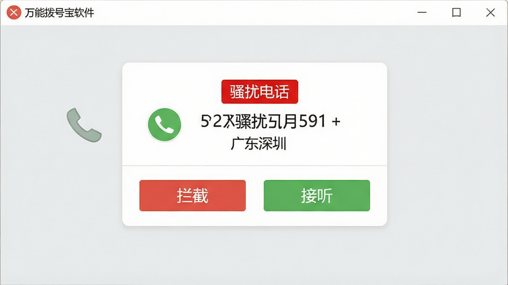 一张万能拨号宝软件拦截骚扰电话的功能界面截图,屏幕中央显示一个来电卡片,卡片上清晰标注“骚扰电话”红色标签,并显示号码归属地“广东深圳”,卡片下方有两个按钮:“拦截”和“接听”,界面背景为浅灰色,采用扁平化设计风格,图标清晰,文字醒目,画质干净,无多余元素。