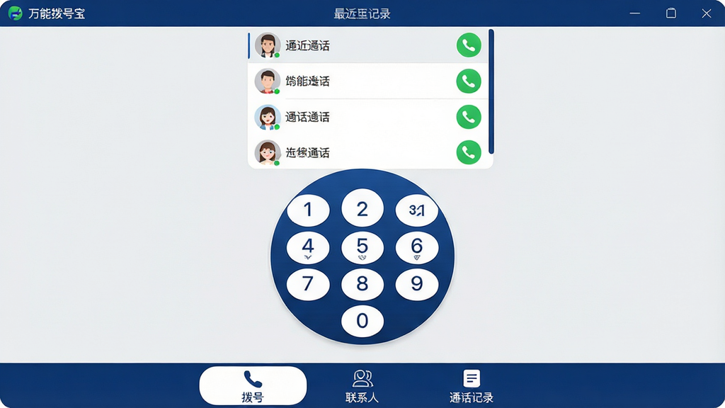 一张展示万能拨号宝软件主界面的高清产品预览图,界面设计现代简洁,采用深蓝与白色配色,主界面中央是一个圆形虚拟拨号键盘,键盘上方显示最近通话记录列表,每个联系人条目旁有清晰的绿色拨号图标,界面底部设有“拨号”、“联系人”、“通话记录”三个功能标签,整体布局清晰,图标圆润,背景为浅灰色,画质清晰,干净无多余元素。