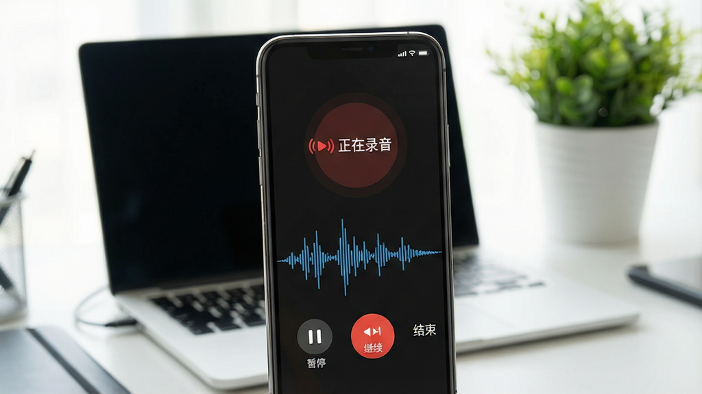 一张万能拨号宝通话录音功能的使用场景示意图,画面中一部智能手机屏幕显示通话录音界面,界面有红色“正在录音”动态图标,下方波形图起伏,旁边有“暂停”、“继续”、“结束”三个控制按钮,手机背景为办公桌面,有笔记本电脑和绿色植物,画面风格写实,光线明亮,画质清晰,干净无多余元素。