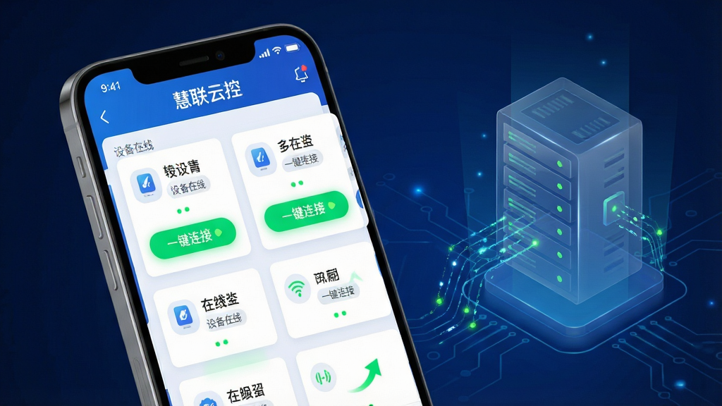 主体:一部智能手机屏幕显示“慧联云控”操作主界面,界面清晰展示多台在线设备列表和连接状态图标。布局:手机居于画面中央偏左,右侧悬浮半透明的服务器数据流动示意图,背景为深蓝色科技感光效。排版:手机界面UI元素放大呈现,设备卡片排列有序,连接按钮高亮显示。风格:扁平化结合现代3D渲染,商务科技风格,色调以蓝白为主,点缀荧光绿连接指示灯。细节:手机屏幕中需显示中文“慧联云控”字样及“设备在线”、“一键连接”等小标签文字,画面干净无冗余图标。画质:8K超高清,细节丰富锐利,干净背景无多余元素。