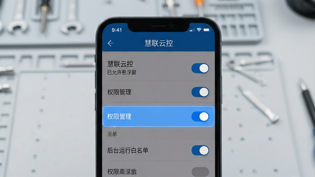 主体:手机屏幕展示“慧联云控”的设置界面,高亮显示“权限管理”中的悬浮窗开关选项。布局:手机居中,屏幕内容放大,背景为简洁的浅灰色工作台。排版:设置列表项清晰,开关按钮为醒目的蓝色开启状态。风格:扁平化UI设计风格,色彩清新。细节:屏幕中需显示“慧联云控”、“已允许悬浮窗”、“后台运行白名单”等文字。画质:超清分辨率,观感舒适,无多余杂物。