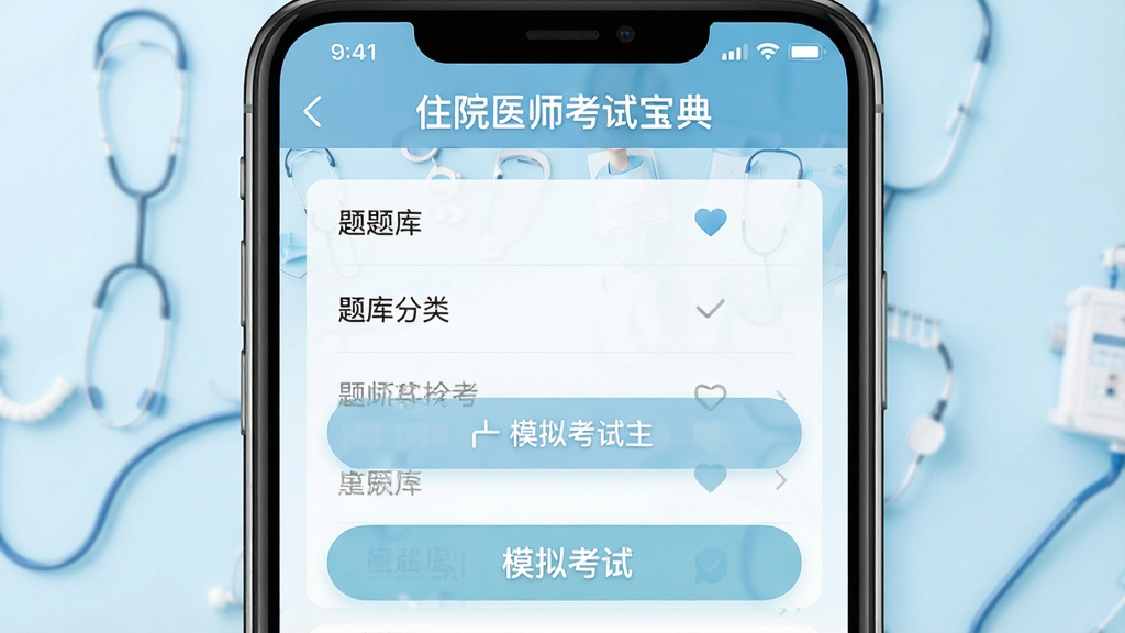 一张清晰展示住院医师考试宝典软件在智能手机上运行的界面截图,主体是应用首页,上方显示“住院医师考试宝典”字样,中间是题库分类列表和模拟考试入口按钮,背景为干净的浅蓝色医学风格,整体布局简洁大方,排版规整,UI设计现代,画质高清通透,无多余元素