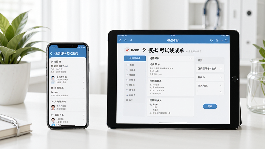 住院医师考试宝典在手机和平板电脑上同步使用的场景图,左侧是手机竖屏显示题库列表,右侧是平板横屏显示模拟考试成绩单,周围环境整洁明亮,有桌面和绿植,排版自然,画质清晰干净,无多余元素