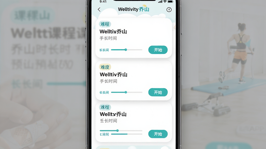 一张Welltivity乔山APP训练课程列表的界面图,主体为手机竖屏展示,课程卡片按难度排列,每张卡片包含课程名称、时长与消耗预估,布局采用纵向列表,排版整齐,风格清新活泼,细节包含进度条与开始按钮,画质干净无多余元素,屏幕内文字标注“Welltivity乔山”