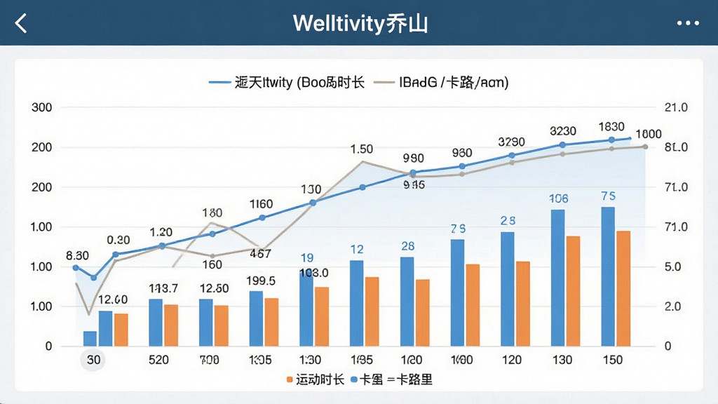 一张Welltivity乔山APP数据统计页面的图表截图,主体为折线图与柱状图组合,展示近30天的运动时长与卡路里趋势,布局横屏展示,排版疏朗,风格简洁商务,细节包含图例与数据标签,画质干净无多余元素,图表上方文字标注“Welltivity乔山”
