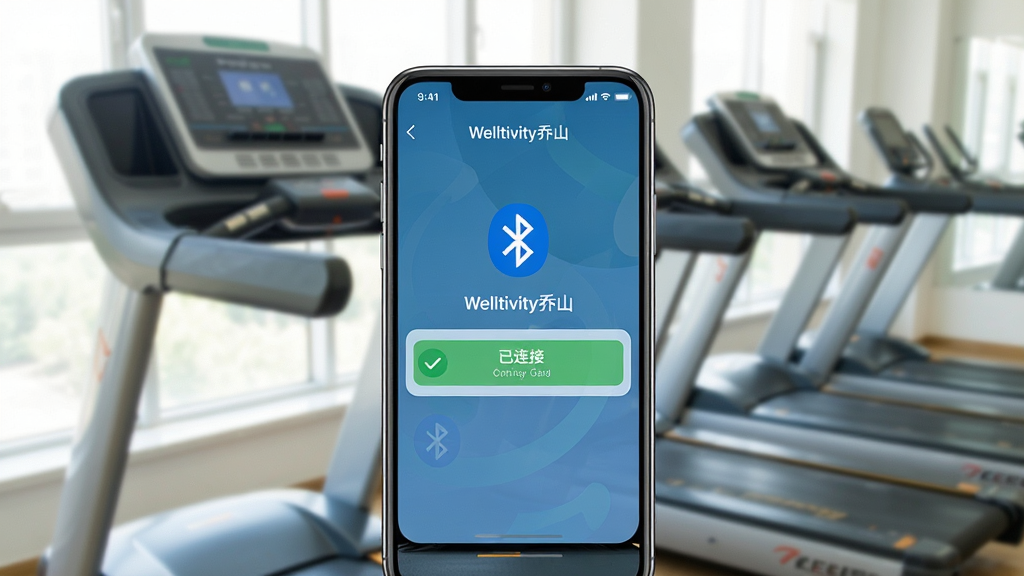 一张Welltivity乔山APP连接跑步机的场景图,主体为手机屏幕显示配对成功界面,背景为模糊的健身房跑步机,布局以手机为中心向四周延伸,排版突出蓝牙信号图标与设备型号文字,风格写实明亮,细节表现手机端弹出“已连接”提示横幅,画质清晰干净,无多余元素,画面中手机屏幕文字标注“Welltivity乔山”