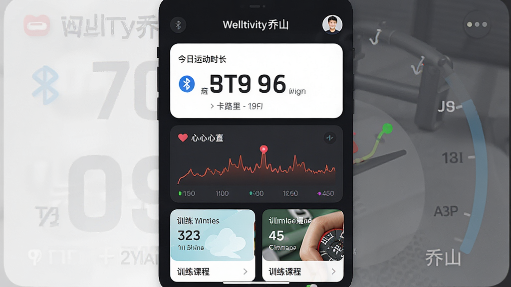 一张展示Welltivity乔山APP主界面的高清截屏,主体为深色背景上的运动数据仪表盘,中央显示今日运动时长与卡路里消耗,下方排列心率曲线与训练课程卡片,布局清晰紧凑,排版采用卡片式设计,风格现代简约,细节包含蓝牙连接状态图标与用户头像,画质细腻干净,无多余元素,屏幕内文字标注“Welltivity乔山”