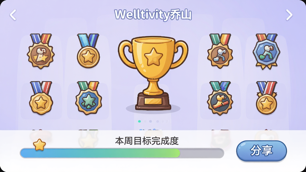 一张Welltivity乔山APP挑战成就界面的示意图,主体为奖杯与徽章陈列墙,背景为淡紫色渐变,布局居中展示已获得的勋章,下方有进度条显示本周目标完成度,风格卡通活泼,细节包含“分享”按钮,画质干净无多余元素,画面内文字标注“Welltivity乔山”