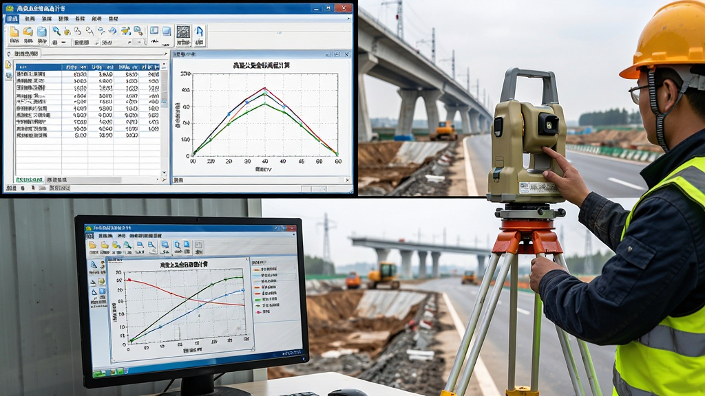 主体:高速公路施工现场,测量人员使用全站仪进行坐标放样,旁边电脑屏幕清晰显示“高速公路坐标高程计算”软件界面。布局:左侧为软件操作窗口,右侧为实地测量场景。排版:上下结构,上方为软件截图,下方为使用场景。风格:写实风格,专业工程氛围。细节:软件界面显示坐标数据表格、高程曲线图,测量人员身着反光背心,远处有桥梁和路基。画质:高清,画面干净,无多余元素。