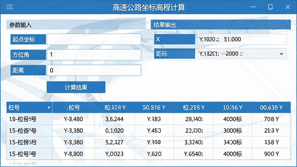 主体:“高速公路坐标高程计算”软件坐标计算功能界面。布局:界面居中,左侧为参数输入区,右侧为结果输出区。排版:上下排列输入框和按钮,下方表格展示计算结果。风格:扁平化UI风格,蓝色主题色调。细节:输入框标注“起点坐标”、“方位角”、“距离”,结果区显示X、Y坐标值,表格列出多个桩号坐标。画质:清晰,界面干净,无多余元素。