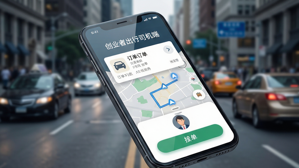 画面主体为一部智能手机屏幕,屏幕上清晰显示“创业者出行司机端”应用界面,界面中有订单卡片、地图导航线路、司机头像与接单按钮。布局采用居中构图,手机微倾斜,背景为虚化的城市街道与行驶中的车辆。排版简洁大气,突出应用名称与核心功能图标。风格为现代科技感,细节包括屏幕反光、图标阴影,画质高清、干净无多余元素。