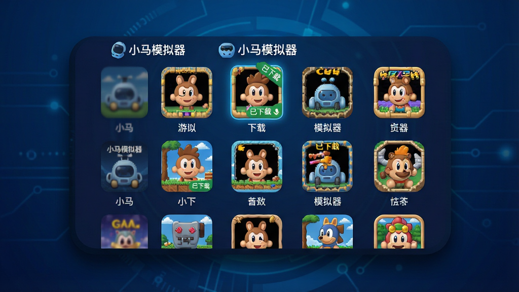 主体:手机界面截图样式的展示图,屏幕上显示“小马模拟器”的游戏库列表,以网格形式整齐排列多款经典游戏封面。布局:界面截图居中,四周有柔和的阴影模拟悬浮效果,背景为深蓝色科技感渐变。排版:游戏封面呈3列排列,每款封面下方有清晰的中文游戏名。风格:扁平化UI设计风格,现代感强,色彩饱和度适中。细节:顶部有“小马模拟器”的Logo字样,其中一款游戏封面高亮显示,并带有“已下载”的绿色小标签。画质:高分辨率,边缘平滑,界面元素清晰,风格统一,画面干净,无多余元素。