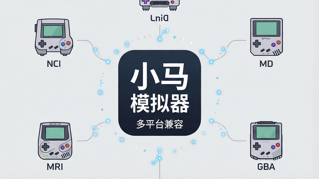 主体:一张现代简约风格的功能图解,中央是“小马模拟器”的图标,周围环绕着FC、SFC、MD、GBA等多种游戏主机/掌机的简化线条图标。布局:图标呈环形围绕中心,用细线连接,线条上点缀着数据流动的小光点。排版:中心图标最大,四周设备图标大小均匀。风格:科技感扁平插画风,背景为浅灰色。细节:中心“小马模拟器”图标下方带有“多平台兼容”字样,各设备图标旁标注了对应的平台缩写。画质:AI矢量渲染,线条干净利落,比例协调,画面干净,无多余元素。