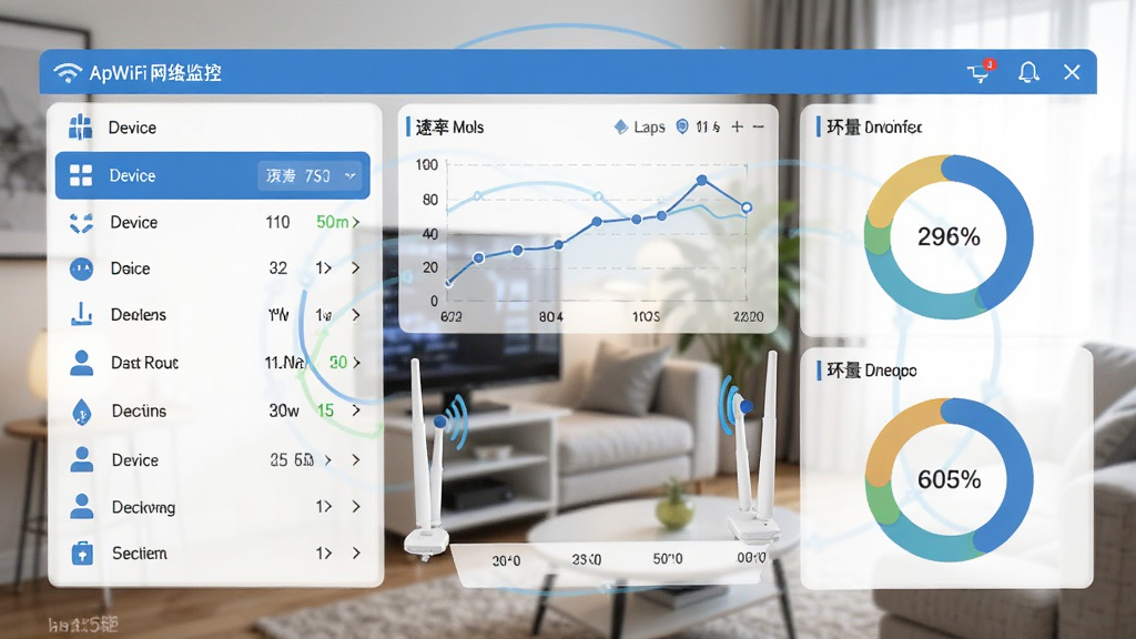 无线路由软件ApWiFi网络监控界面示意图,界面中显示设备列表、速率折线图、环形流量统计,整体风格蓝白相间,数据可视化清晰,背景为客厅网络环境,画质高清,布局合理,无多余元素