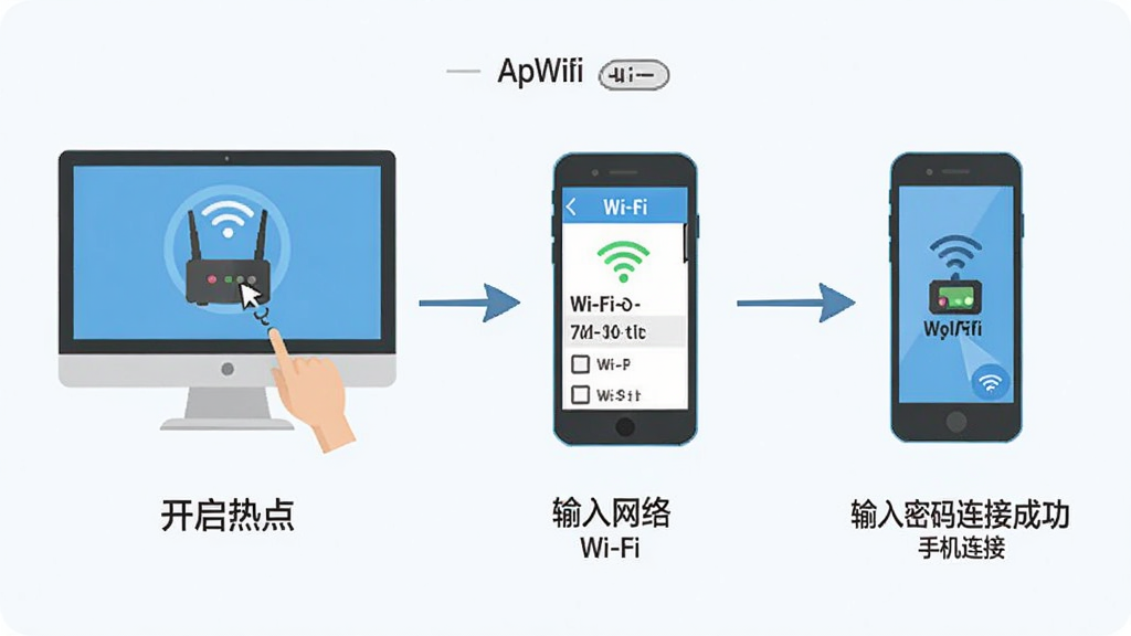 无线路由软件ApWiFi使用步骤示意图,展示从电脑设置到手机连接的流程,图片分为三步,第一步为电脑界面点击开启热点,第二步为手机Wi-Fi列表中找到网络,第三步为输入密码连接成功,风格扁平化,浅色背景,清晰的图标与文字标注,画质干净,无多余元素