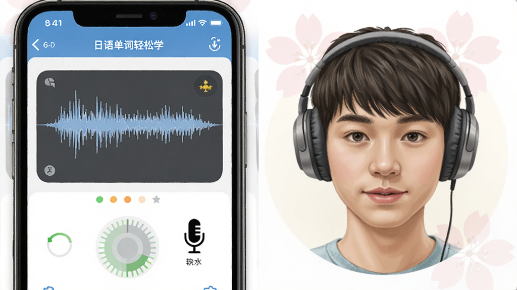 主体为一位戴着耳机的学习者使用“日语单词轻松学”手机应用跟读单词,布局采用左右构图,左侧是应用界面显示波形和评分,右侧是学习者头像,风格写实插画,细节有樱花和麦克风图标,画质高清,无多余元素